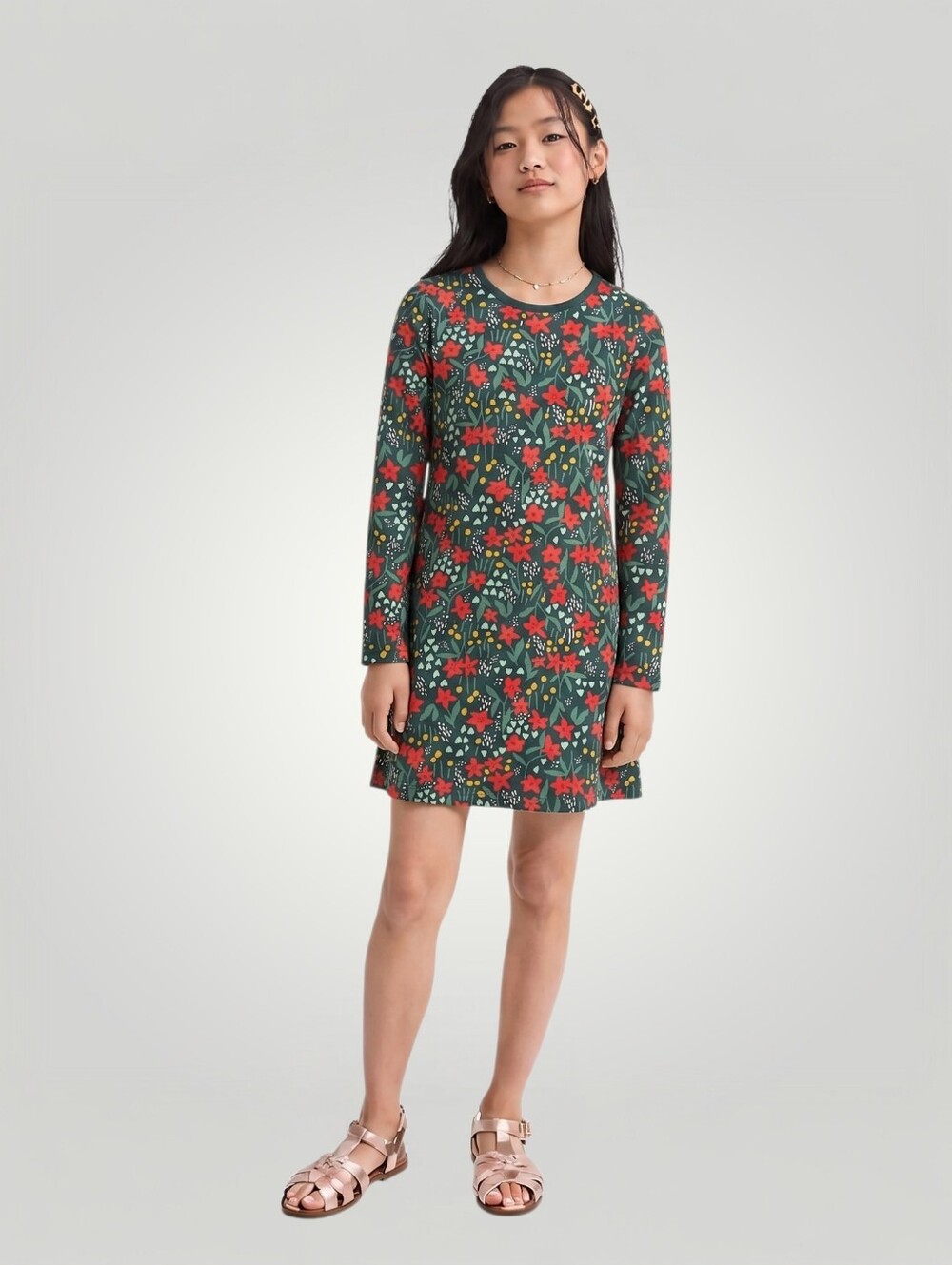 Hanna Andersson Poinsettia Patch Floral Long Sleeve Dress Green Red 6-7‎